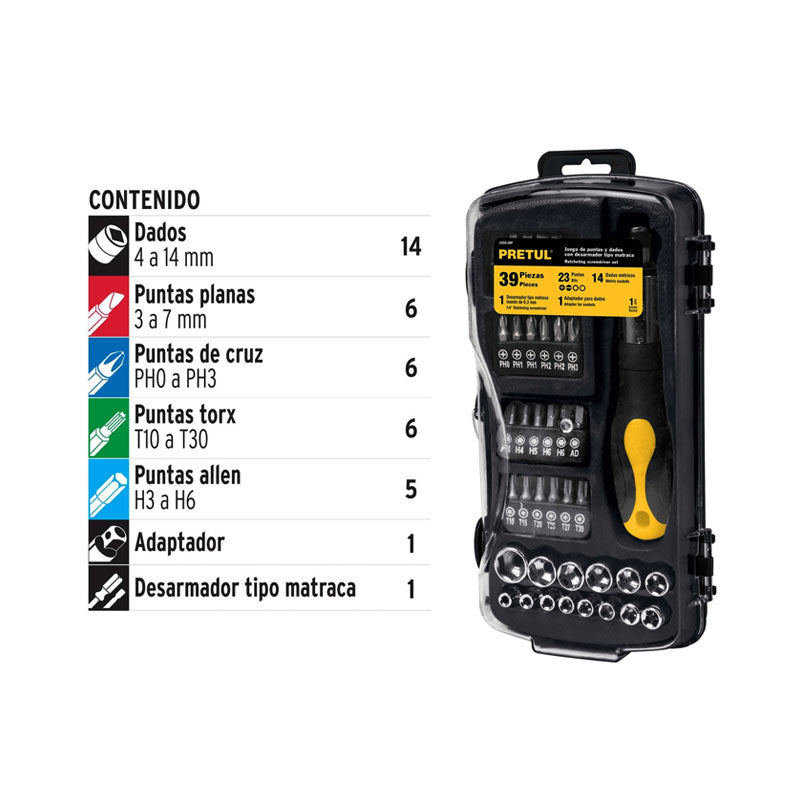 Juego De 39 Herramientas 1/4" Para Mecánico, Pretul