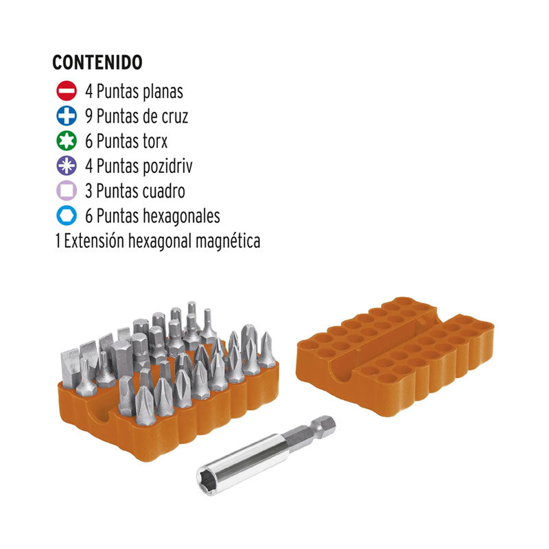 Juego De 33 Puntas Mixtas Largo 1" En Organizador Plástico