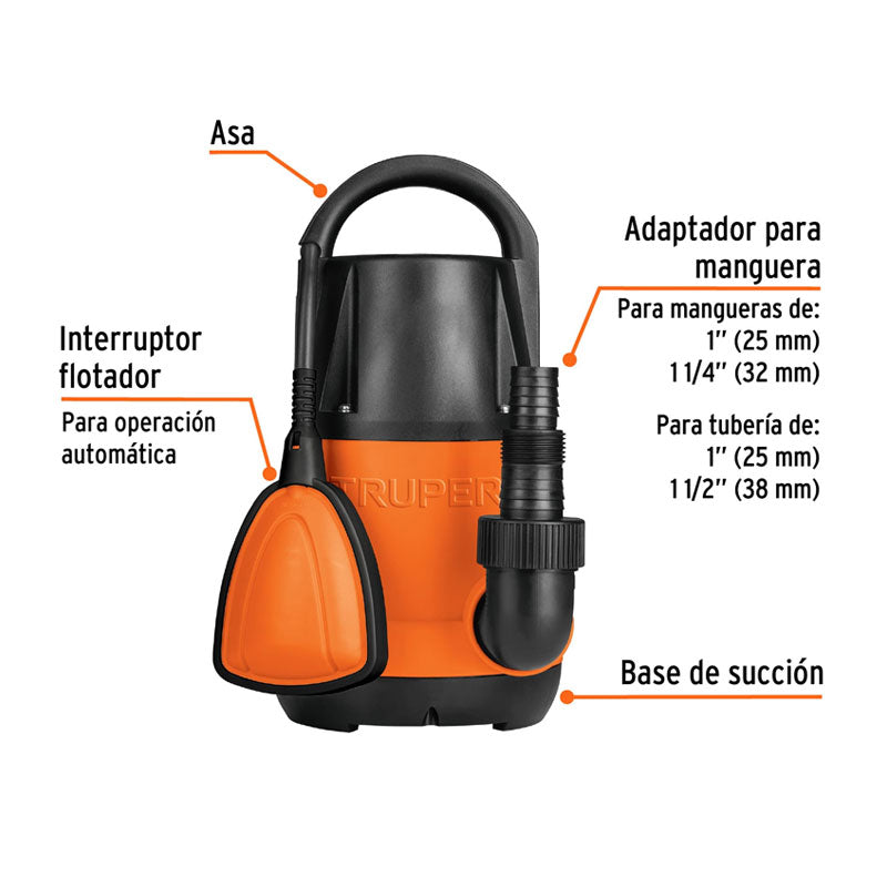 Bomba Sumergible Plástica Para Agua Limpia 3/4 Hp, Truper