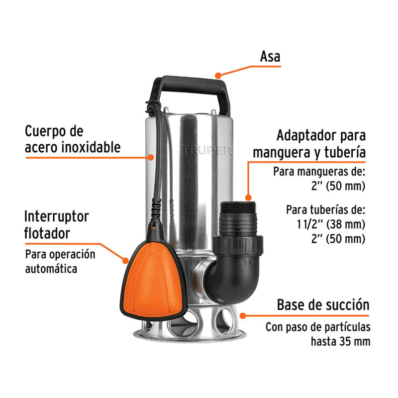 Bomba Sumergible Metálica Para Agua Sucia 1 1/2 Hp, Truper