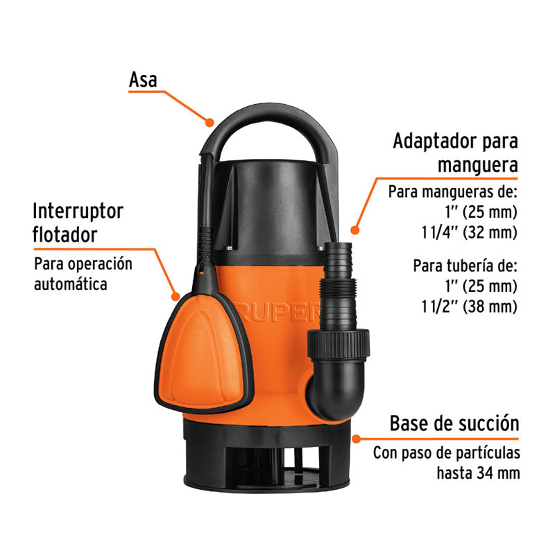 Bomba Sumergible Plástica Para Agua Sucia 1 Hp, Truper