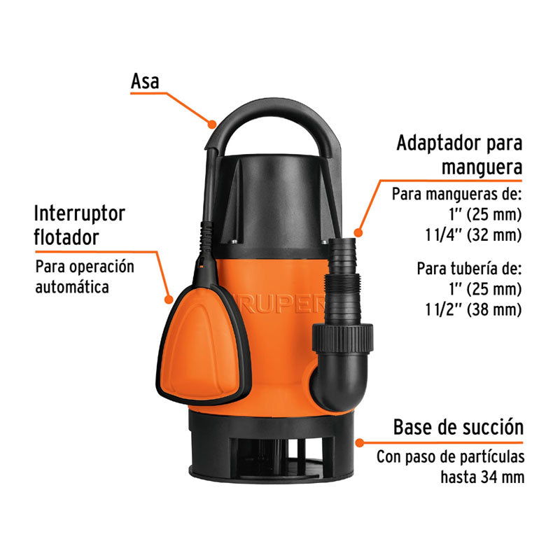 Bomba Sumergible Plástica Para Agua Sucia 1 1/2 Hp, Truper