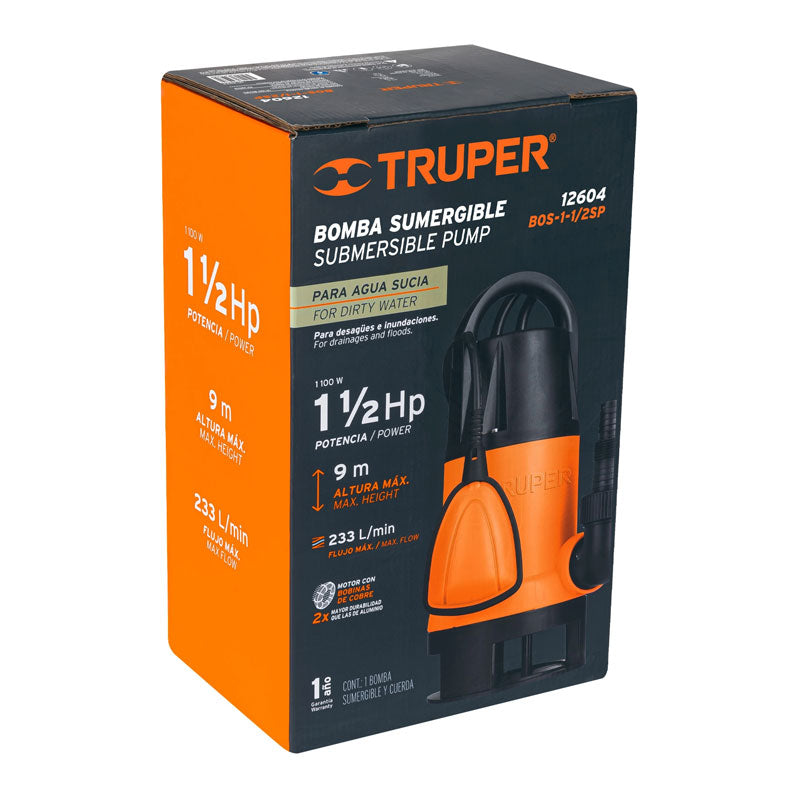 Bomba Sumergible Plástica Para Agua Sucia 1 1/2 Hp, Truper