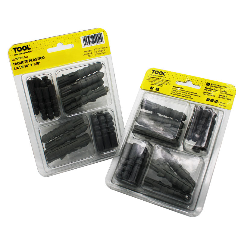 Blíster 50 Taquete Plástico 1/4, 5/16 Y 3/8 Con 24 Piezas