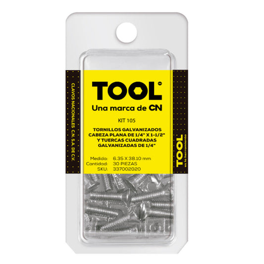 Kit 105 Mix De Tornillería Cabeza Plana Y Tuerca Cuadrada Galvanizada 1/4X1"