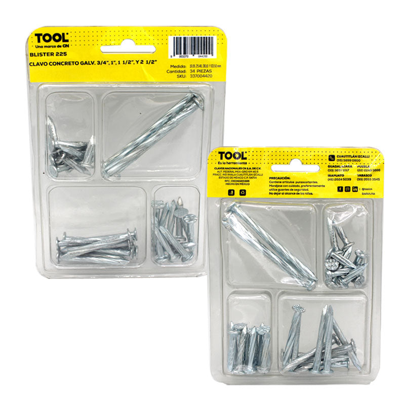 Blíster 225 Clavo Concreto Galvanizado 3/4",1",1 1/2" Y 2