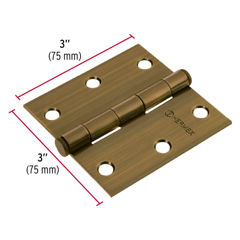 Bisagra Cuadrada 3", Latón Antiguo, Cabeza Plana, Hermex