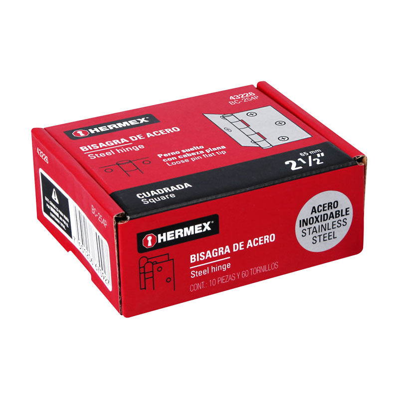 Bisagra Cuadrada 2 1/2" Acero Inox, Cabeza Plana, Hermex