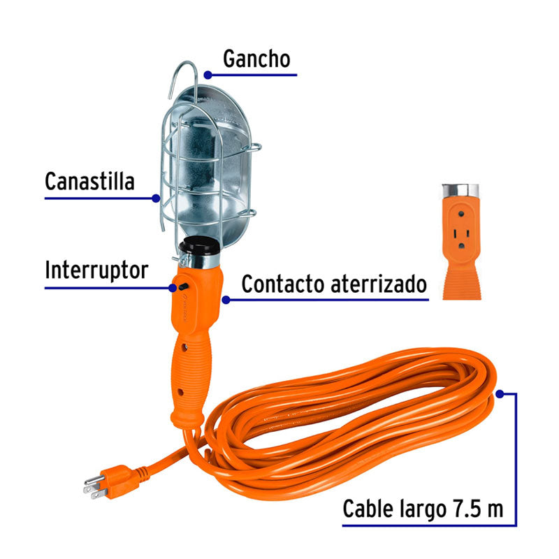 Lámpara De Taller Con Canastilla Metálica 7.5 M, Volteck